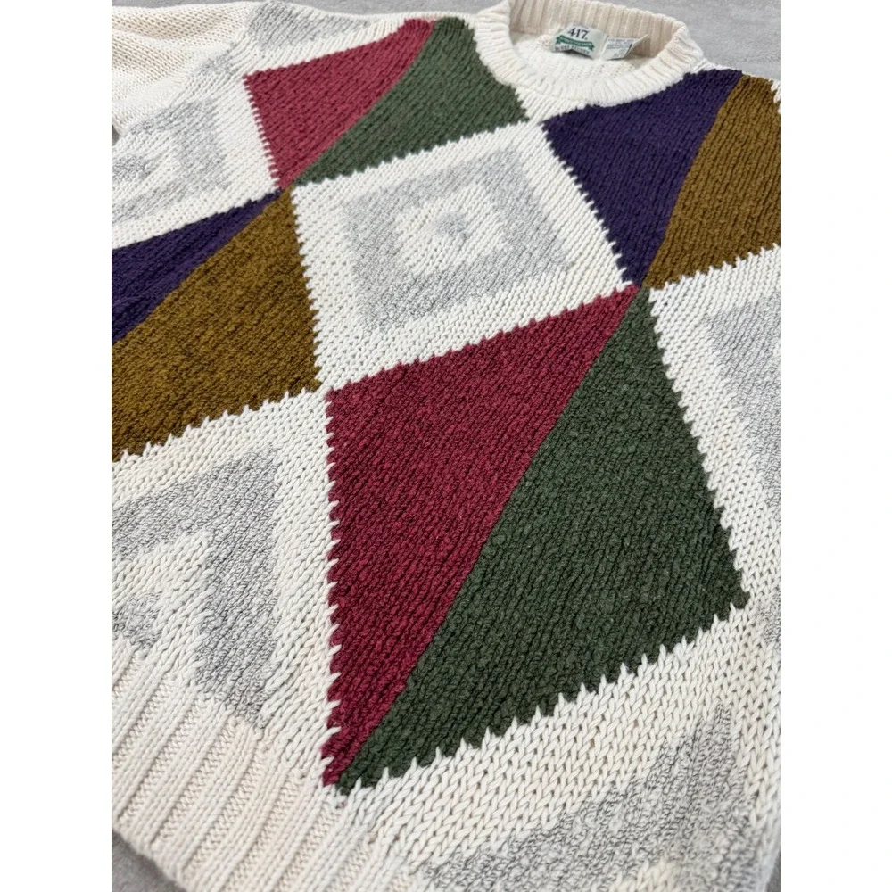 Vintage 417 Van Heusen Mens Medium Ramie Cotton Geometric Diamond Knit Sweater